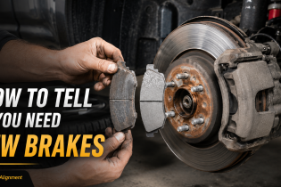 DIY mechanic comparing worn and new brake pads next to an exposed brake rotor